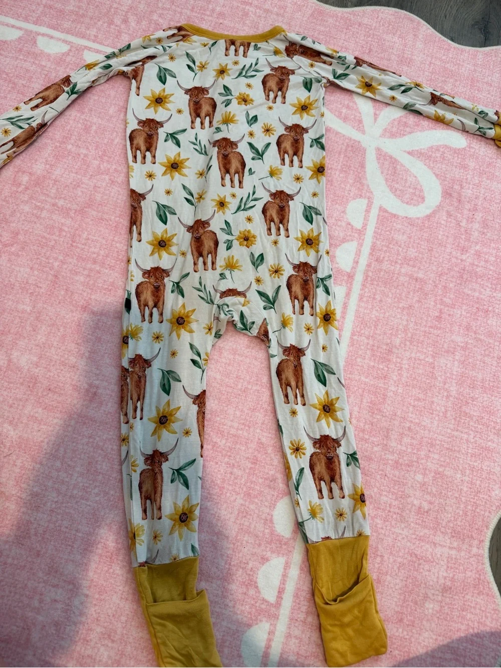 Toddler bamboo zippy in Mustard and Ivory with highland cow Print